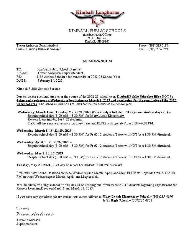 2223 Amended Calendar Information Kimball Public Schools